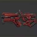 Red Futuristic Gun With Detailed Mechanical Design And Blue Glowing Elements
