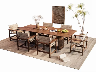 Wooden Dining Table Set With Matching Chairs Decorative Vase Fresh Fruits And Potted Plant 3d model