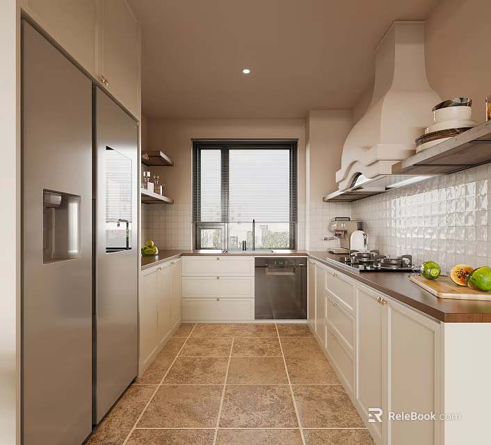 Modern Kitchen With Stainless Steel Refrigerator Cabinets Range Hood Window And Countertop 3d model 