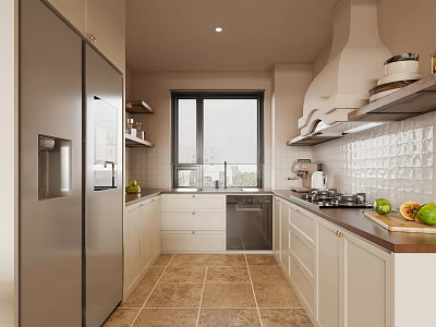 Modern Kitchen With Stainless Steel Refrigerator Cabinets Range Hood Window And Countertop 3d model