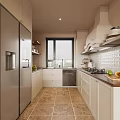 Modern Kitchen With Stainless Steel Refrigerator Cabinets Range Hood Window And Countertop