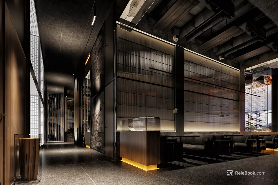 Modern Industrial Restaurant Interior With Wooden Partitions Warm Lighting And Comfortable Seating 3d model 