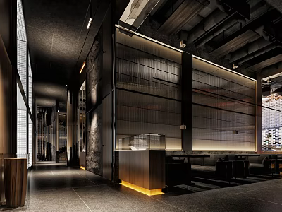 Modern Industrial Restaurant Interior With Wooden Partitions Warm Lighting And Comfortable Seating 3d model