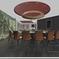 Private Dining Box Interior With Round Table Chairs Chandelier And Decorative Mural