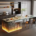 Modern Open Kitchen Interior With Glass Island Counter LED Lighting And Metal Chairs