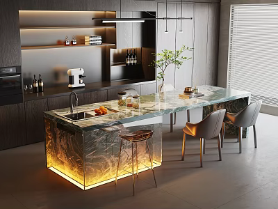 Modern Open Kitchen Interior With Glass Island Counter LED Lighting And Metal Chairs 3d model