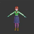 Blonde Haired 3D Character Model Wearing White Blouse Blue Bow Blue Skirt And Brown Shoes