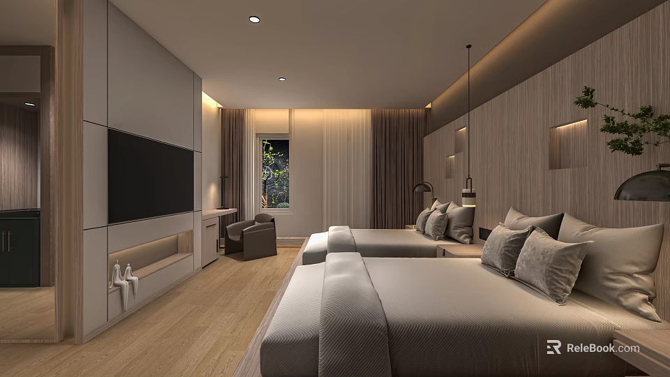 Hotel Guest Room Interior With Twin Beds Gray Bedding Wooden Wall Panels And Soft Lighting 3d model 