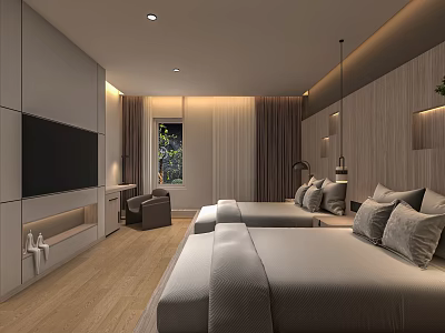 Hotel Guest Room Interior With Twin Beds Gray Bedding Wooden Wall Panels And Soft Lighting 3d model
