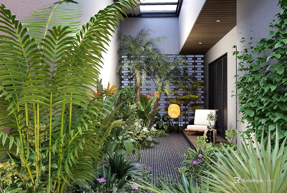 Lush Tropical Plant Combination in Indoor Outdoor Courtyard with Seating Area and Skylight Natural Light 3d model 