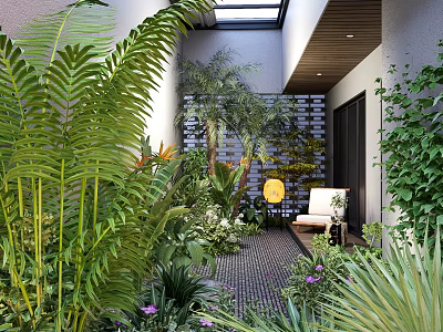 Lush Tropical Plant Combination in Indoor Outdoor Courtyard with Seating Area and Skylight Natural Light 3d model