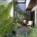 Lush Tropical Plant Combination in Indoor Outdoor Courtyard with Seating Area and Skylight Natural Light