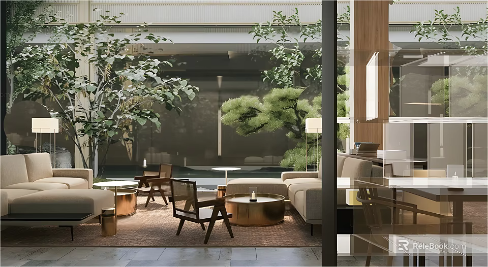 Modern Real Estate Sales Office Lounge With Natural Green Plants And Comfortable Leisure Sofas 3d model 