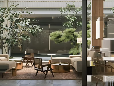 Modern Real Estate Sales Office Lounge With Natural Green Plants And Comfortable Leisure Sofas 3d model