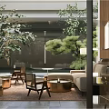 Modern Real Estate Sales Office Lounge With Natural Green Plants And Comfortable Leisure Sofas