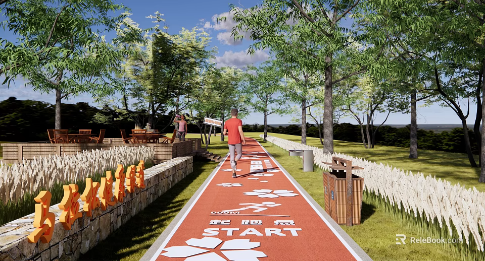 Scenic Municipal Road With Red Path Runners Distance Markers Trees Benches And Trash Bins 3d model 
