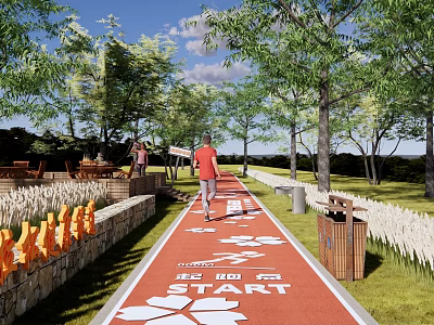 Scenic Municipal Road With Red Path Runners Distance Markers Trees Benches And Trash Bins 3d model