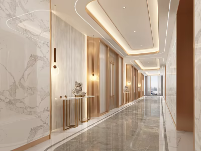 Luxury Hotel Corridor With Marble Walls Modern Lighting And Wooden Accents 3d model