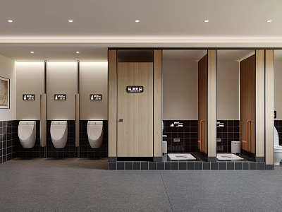 Public Restroom Interior With Wooden Stalls Urinals Tiled Walls And Gray Floor 3d model