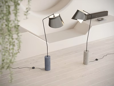 Modern Floor Lamps with Cylindrical Bases Black Poles in Minimalist Interior with Green Plants 3d model