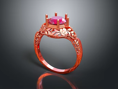 Rose Gold Ring With Pink Gemstone And Intricate Floral Carvings Design 3d model