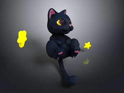 Cute Black Cartoon Cat Character With Pink Ears Yellow Eyes And Yellow Stars 3d model