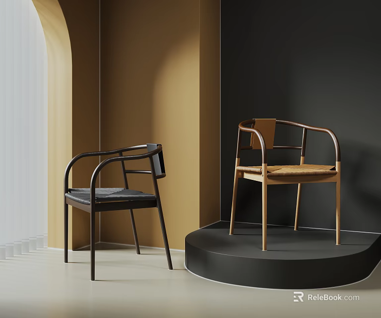 Modern Dining Chairs With Wooden Frame And Black Upholstery In Contemporary Interior 3d model 