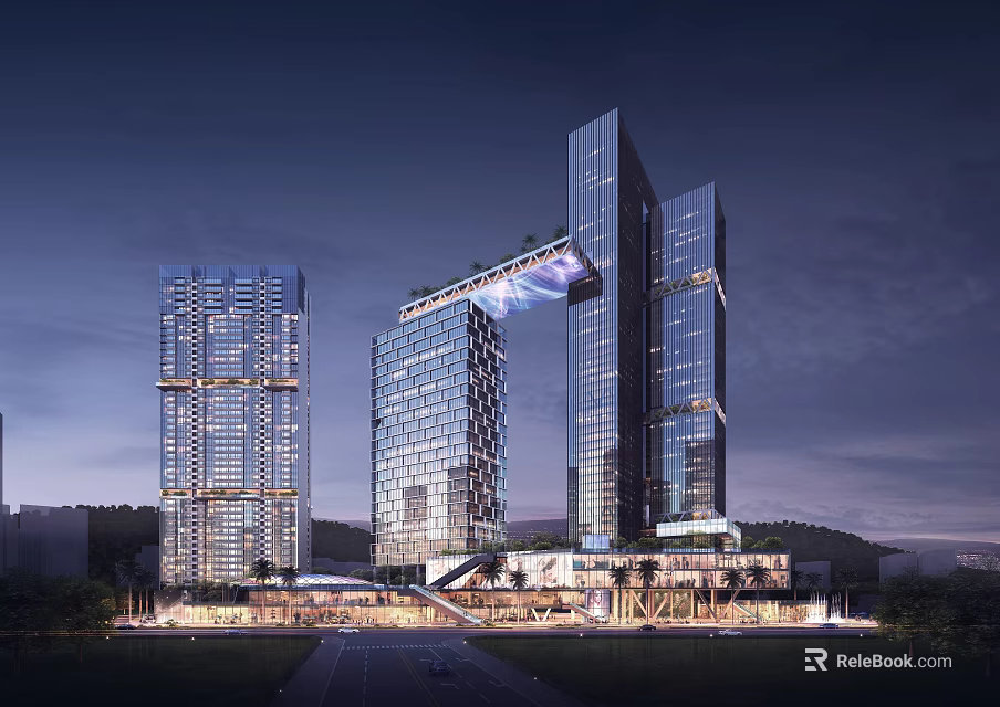 Modern Commercial Complex With Tall Glass Facades And Illuminated Night View 3d model 