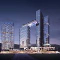 Modern Commercial Complex With Tall Glass Facades And Illuminated Night View