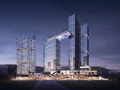 Modern Commercial Complex With Tall Glass Facades And Illuminated Night View 3d model