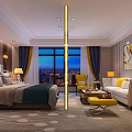 Modern Hotel Guest Room With Comfortable Bed Nightstand Table Lamp Accent Chair And Writing Desk