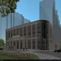 Modern Office Building Exterior With Glass Curtain Wall Façade Landscaping Trees Pedestrians And Cars