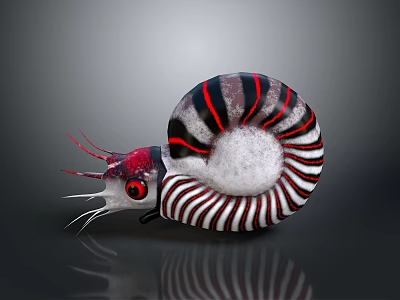 Nautilus With Red And Black Striped Spiral Shell Red Eyes And Tentacles On Gray Background 3d model