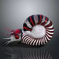 Nautilus With Red And Black Striped Spiral Shell Red Eyes And Tentacles On Gray Background