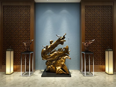 Golden Twisted Branch Sculpture With Blue Background Wall And Brown Sculptures On Metal Stands 3d model