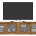 Wooden TV Stand With Glass Doors Containing Bowls Plates And Books For Food Serving