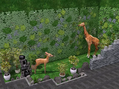 Charming Garden Ornament with Green Plant Wall Purple Flowers Giraffe Deer Sculptures and Potted Plants 3d model