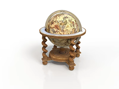 Decorative Globe With Intricate Map Design On Wooden Carved Base For Home Decor 3d model