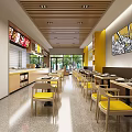 Modern Restaurant Interior With Counter Tables Yellow Chairs And Menu Boards