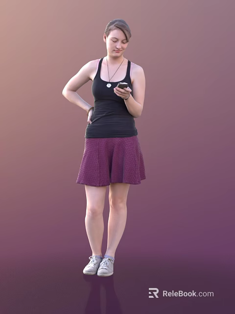 Woman In Black Tank Top And Purple Polka Dot Skirt Holding Smartphone Against Purple Background 3d model 