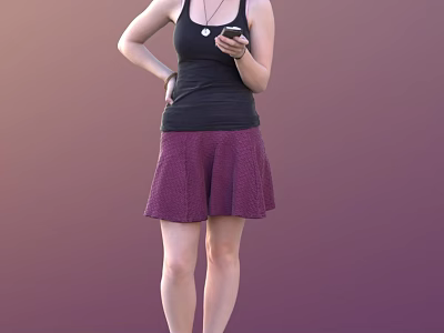Woman In Black Tank Top And Purple Polka Dot Skirt Holding Smartphone Against Purple Background 3d model