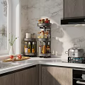 Spice Bottles on Rotating Rack for Modern Kitchen Countertop with Fresh Tomatoes and Cutting Board