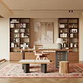 Middle-ancient style study desk and chair combination bookcase hanging picture lamp 3d model