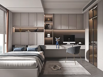 Modern Tatami Bedroom Interior Design With Built in Wardrobes Desk Chair And Area Rug 3d model