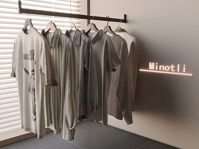 Stylish Hanging Clothes In Various Styles With Minotli Sign And Window Blinds Display Area 3d model
