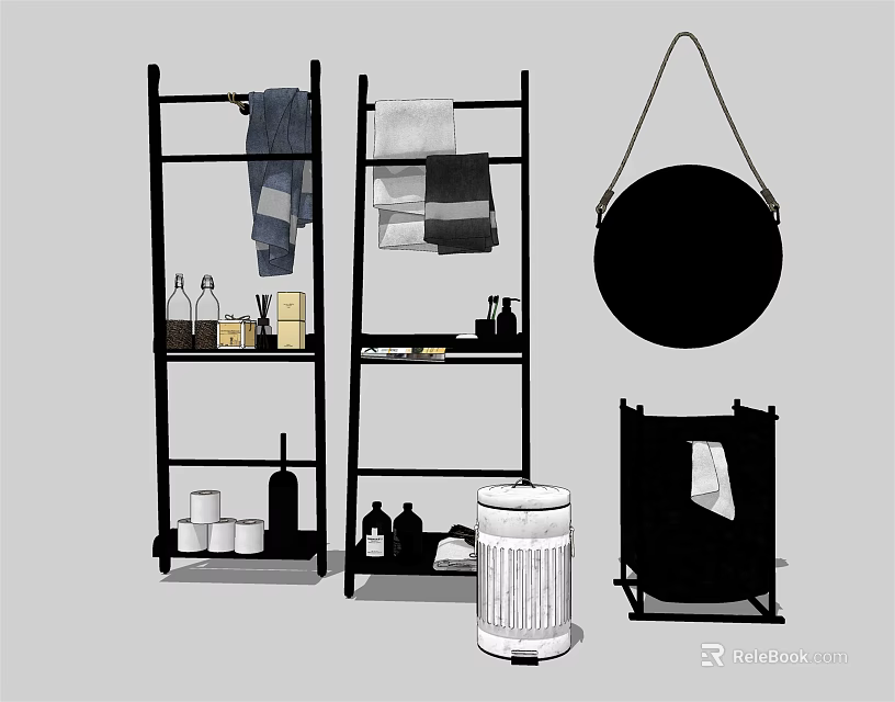 Modern Black Shelving Unit with Towels Bottles Mirror and Trash Can 3d model 
