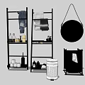 Modern Black Shelving Unit with Towels Bottles Mirror and Trash Can