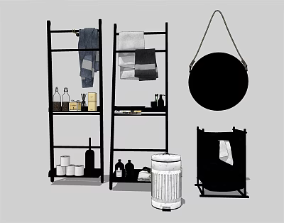 Modern Black Shelving Unit with Towels Bottles Mirror and Trash Can 3d model