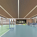 Modern Indoor Badminton Court With Green Surface And Wooden Ceiling Design