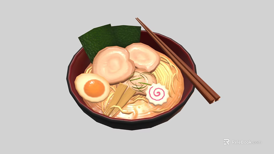 Delicious Ramen Bowl with Soft Boiled Egg Mushrooms Seaweed and Scallions with Chopsticks 3d model 